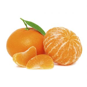 Two ripe mandarins and slices with green leaves (isolated)